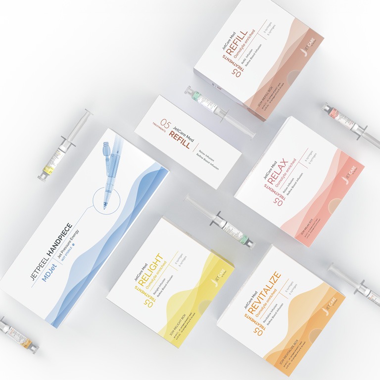 JetCare-Med-Pflegeseren und MDJet-Handstück für die nadelfreie JetPeel-Anwendung