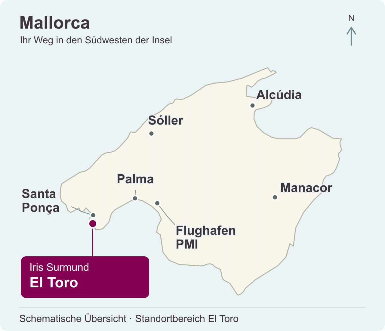 Schematische Mallorca-Karte: Iris Surmund in El Toro im Südwesten nahe Santa Ponça; Palma, Flughafen PMI, Sóller, Alcúdia und Manacor zur Orientierung